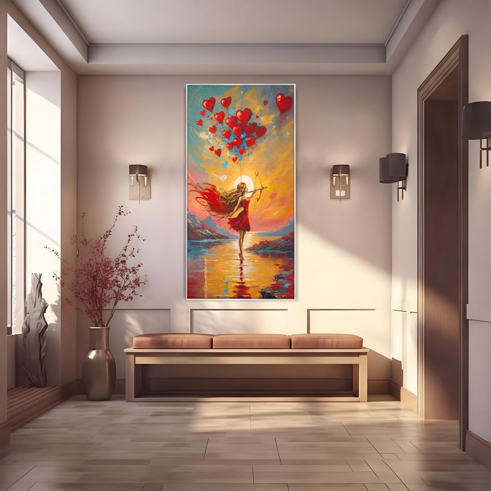 Tablou canvas cu pictura cu femeie armata cu arc si inimi, in rama de aluminiu argintiu